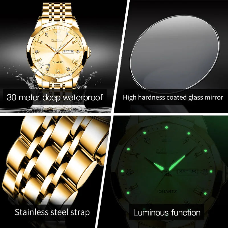Gold Original Quartz Wristwatch Waterproof Luminous Watch for Male Rhombus Mirror Date Week