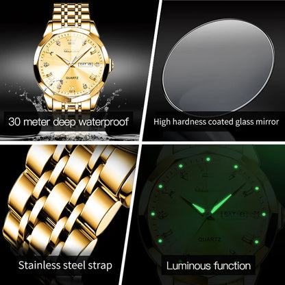 Gold Original Quartz Wristwatch Waterproof Luminous Watch for Male Rhombus Mirror Date Week