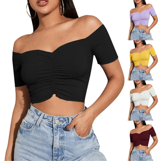 Off Shoulder Pleated Shirt Crop Tops Casual Black T-shirt V Neck