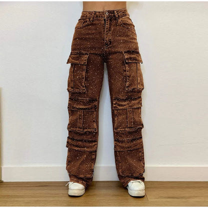 High Waist Cargo Denim Jeans With Full Rhinestones Sparkling Casual Baggy Pants Streetwear Chic Daily Trousers