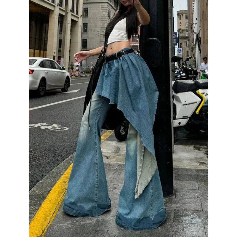 Blue Womens Jeans High Waist Vintage Design Hip Hop Straight Baggy Denim Pants Street Y2K American Style Wide Leg Denim Trouser