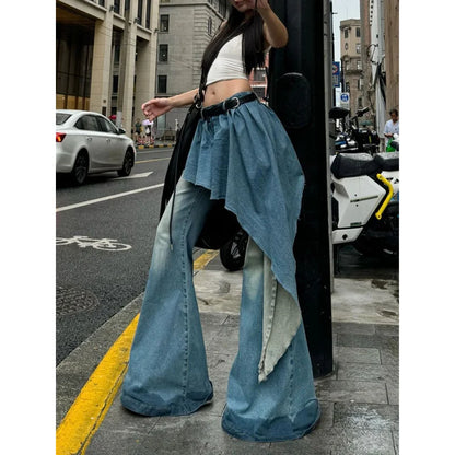 Blue Womens Jeans High Waist Vintage Design Hip Hop Straight Baggy Denim Pants Street Y2K American Style Wide Leg Denim Trouser