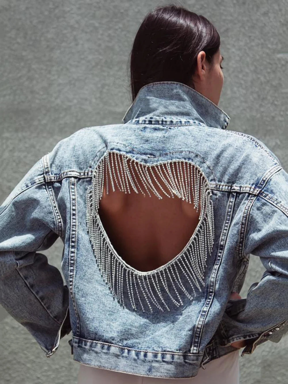 Denim Jacket Female Light Blue Diamond Tassel Coat Single-Breasted Open Back Women Jeans Coat