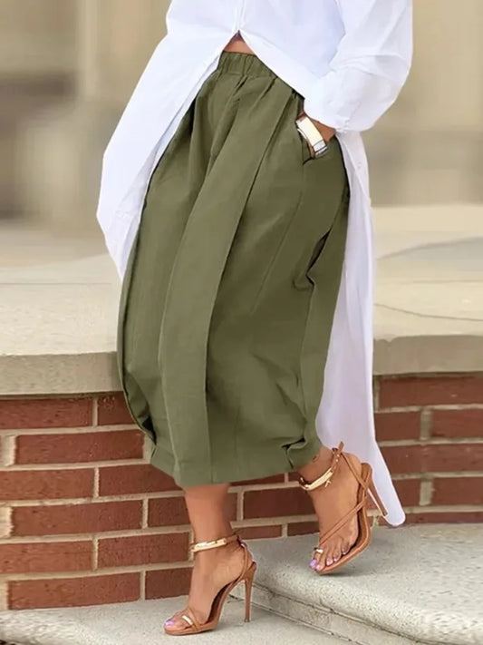 Women's Solid Color Cotton Blend Cropped Pants Casual Loose High-Waisted Wide Leg Trousers