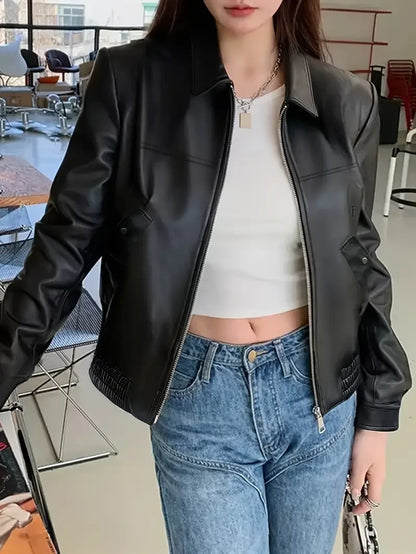 Women Fashion PU Motorcycle Jacket Zipper Pocket Leather Short Jacket