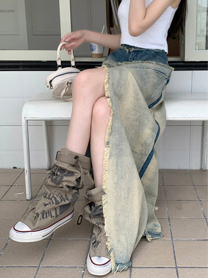 Women Patchwork A-line Skirt Vintage Y2k 90s Aesthetic Skirt with Slit Harajuku Korean Elegant Skirts 2000s Clothes 2024 Summer