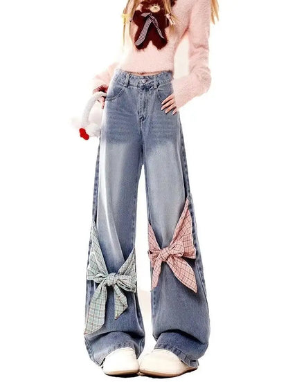 Gothic checkered patchwork women jeans with bow tie and loose wide leg pants