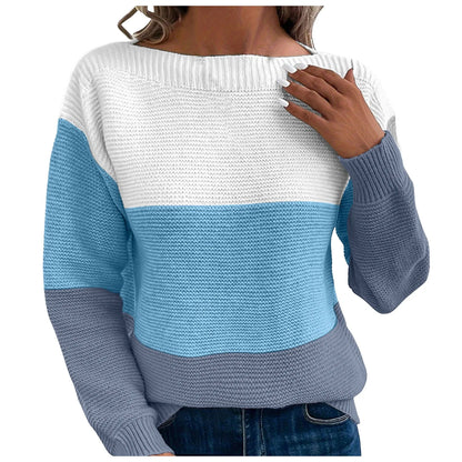 Dressy Sweater For Women Patchwork Color Block Long Sleeve Bateau Neck Elegant Pullover