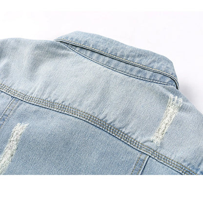 Women Cropped Coats 3/4 Sleeve Retro Short Denim Jackets Light Blue Jeans Coat