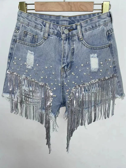 Elegant Shorts Lady Tassel Beading High Waist Wide Leg Denim Casual Solid Shorts Jeans