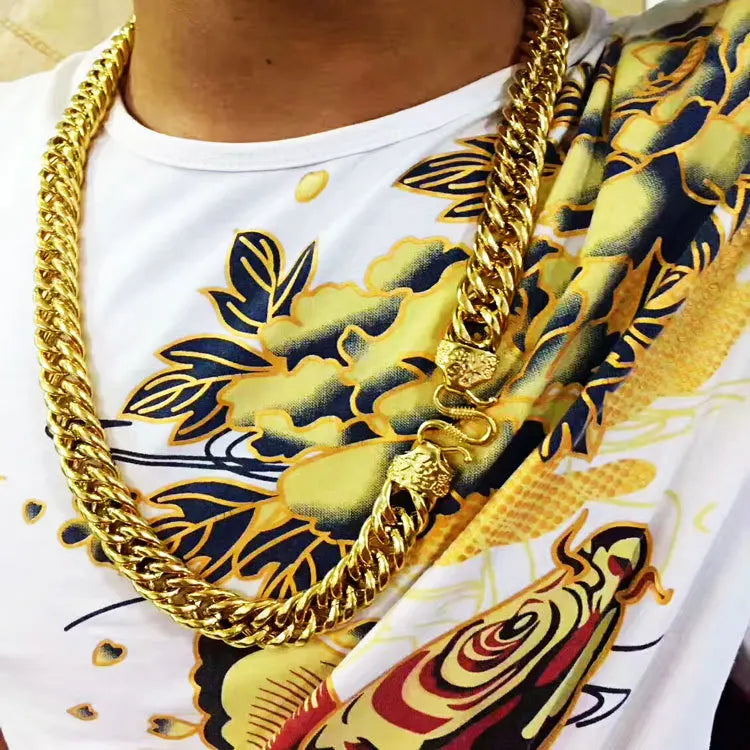 9999 24K real gold jewelry men's necklace snake bone boss chain flat Fu character buckle horse whip necklace