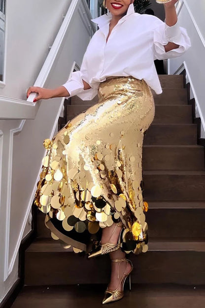 Women's Plus Size Formal Skirts Elegant Gold Long Sequin Party Club Evening