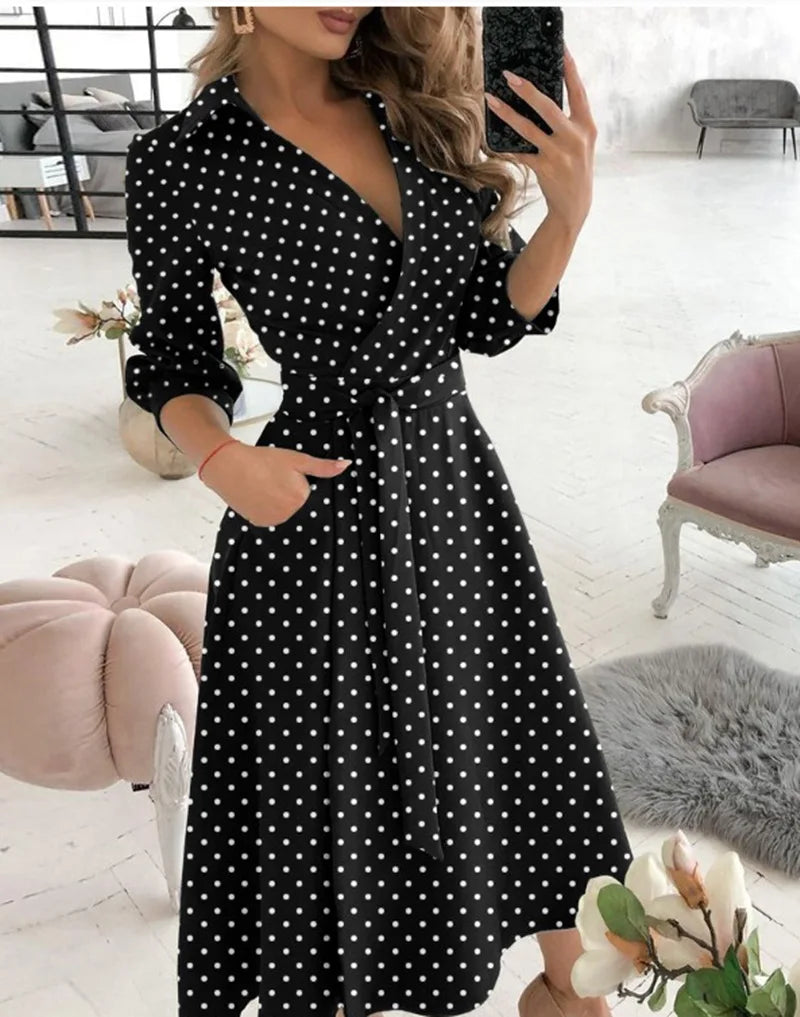 A-Line Wrap Summer Dress Long Sleeve V-Neck Dress Pocket Elegant Midi Party Dress