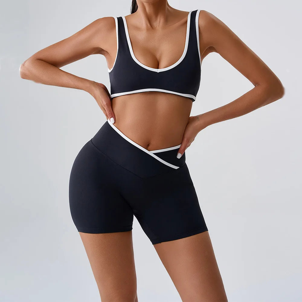 Seamless Yoga Sets Sports Fitness cross waist  Waist Hip-lifting Shorts Bra Suit