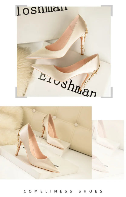 Women's Metal Flowers Stiletto High-heel Shoes Female  Light Luxury Wedding Shoes Pointed Toe