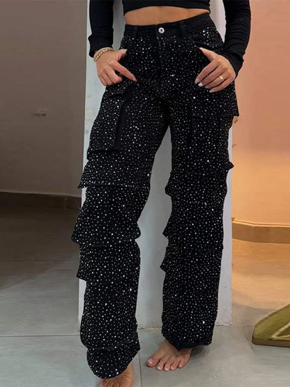 High Waist Cargo Denim Jeans With Full Rhinestones Sparkling Casual Baggy Pants Streetwear Chic Daily Trousers