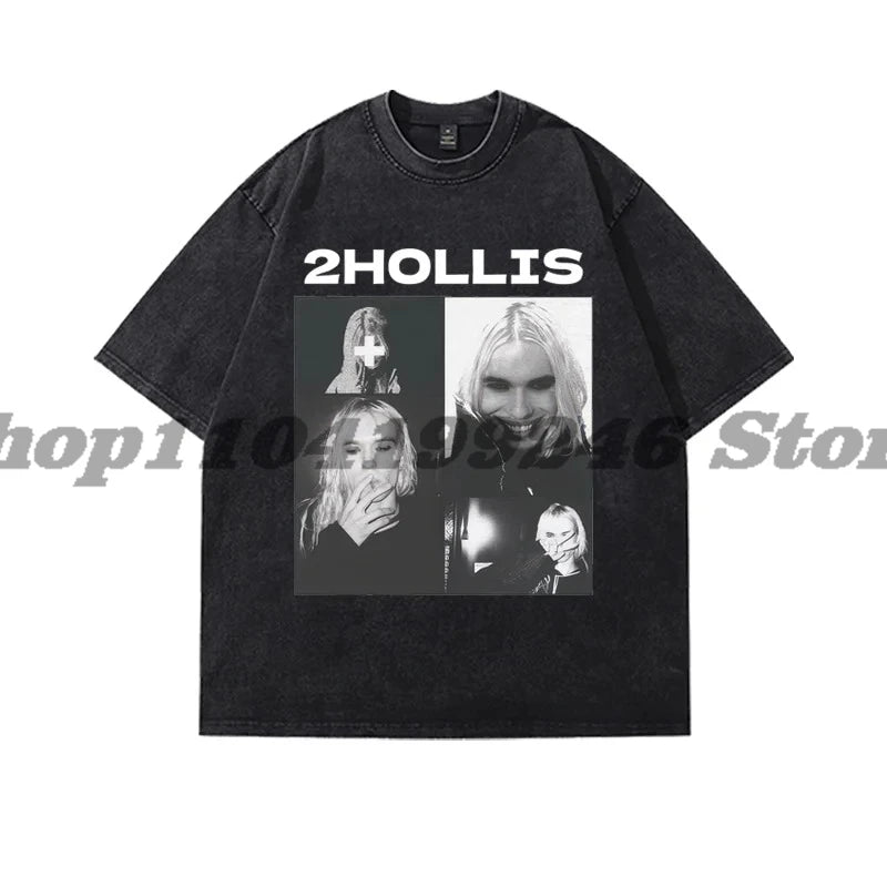 2hollis Photo Dirtyfit T-shirt Washed Denim Fashion Casual Summer Cotton Stylish Design Tee