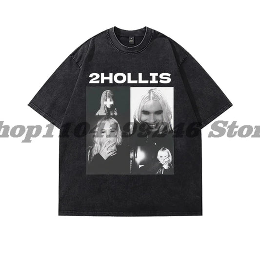 2hollis Photo Dirtyfit T-shirt Washed Denim Fashion Casual Summer Cotton Stylish Design Tee
