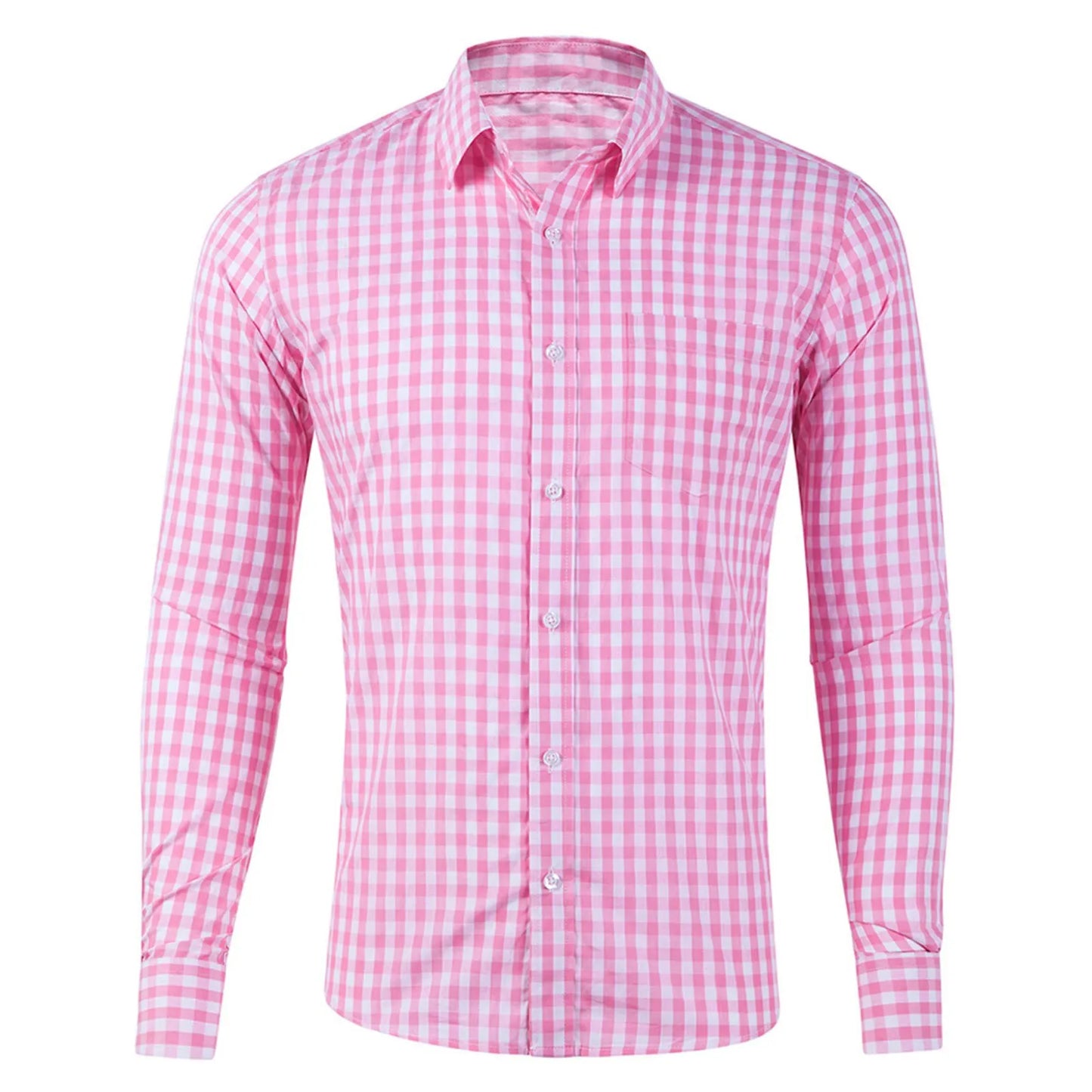 Men's Casual Plaid Shirt Pocket Turn Down Collar Button Long Sleeve Men's Shirt Blouse Pink Blue Shirt