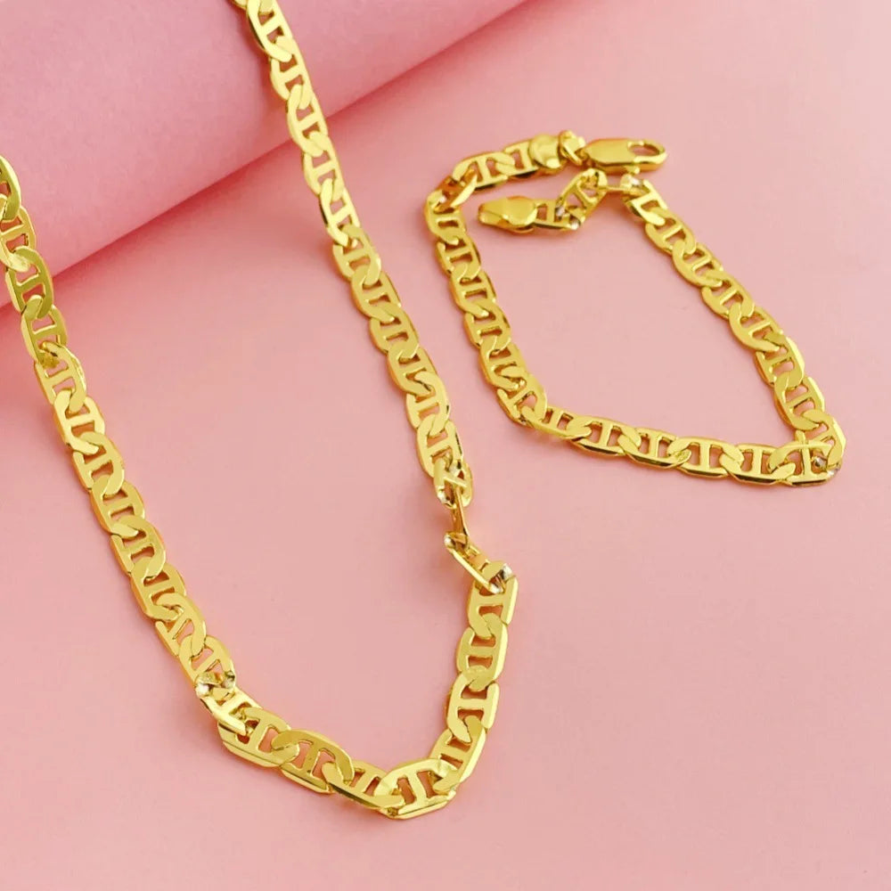 Luxury 24K 9999 Pure Gold real gold Men's Women's 6mm Cuban Necklace Bracelet Set