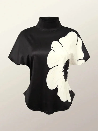 Fashion Flower Printed High Neck Basics Top Short Sleeves Skinny Casual Trendy T-shirts