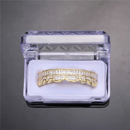 Baguette Teeth Grillz Set For Unisex Top Bottom Iced Out Cubic Zircon Stone Brass Material Hip Hop