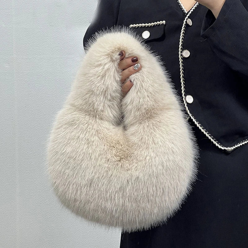 Soft Plush Half Moon Bags for Women Designer Fluffy Faux Fur Lady Handbags Luxury Small Tote