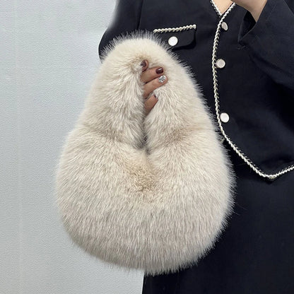 Soft Plush Half Moon Bags for Women Designer Fluffy Faux Fur Lady Handbags Luxury Small Tote