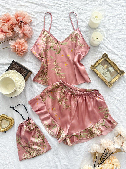 Elegant Floral Print Cami Tops   Ruffle Hem Shorts Pajama Set  Women's Sleepwear