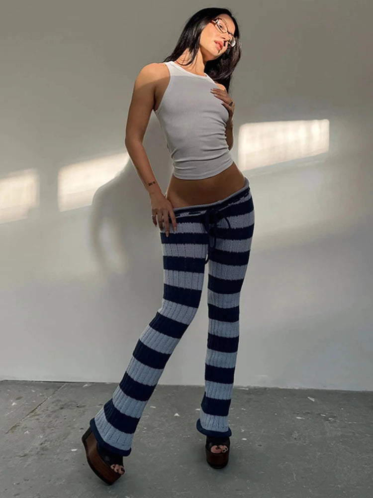 Kliou Stripe Patchwork Long Pants Woman Autumn Trend Crochet Shirring Elastic High Waist Skinny Peach Hip Street Style Bottoms