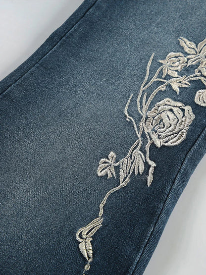 Woman's Flowers Embroidered Flared Denim Pants Slim Dragging Long Jeans