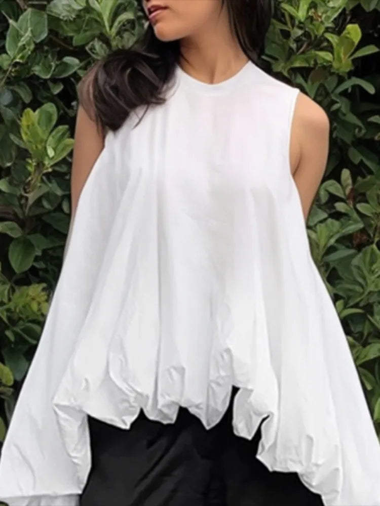Women's High-Low Loose Pleated Round-Neck Vest Tops Sleeveless Casual Simple White Cotton T-shirts