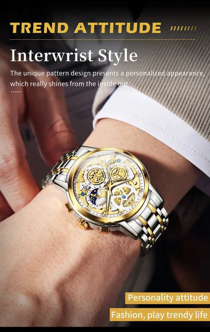 Top Brand Luxury Original Waterproof Quartz Watch for Man Gold Skeleton Style 24 Hour Day Night New