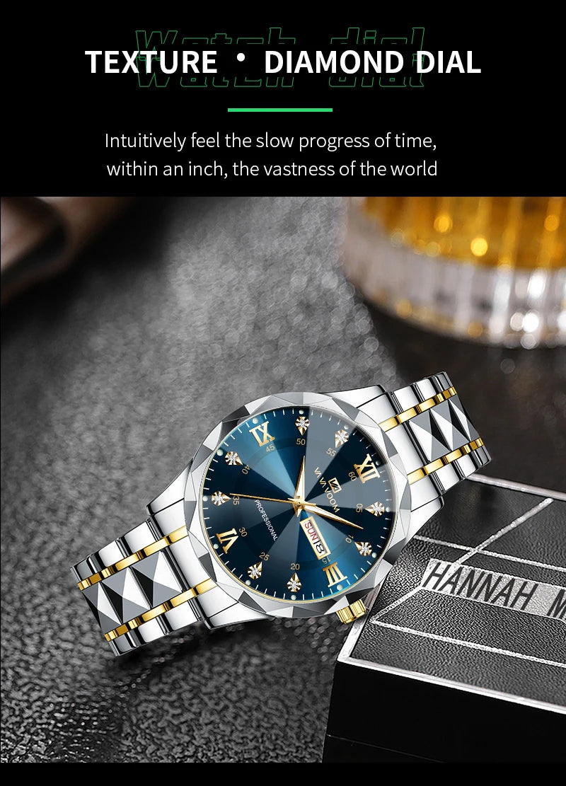 Men Watch Water Diamond Luxury Night Glow Double Calendar Quartz Movement 41mm Blue Gold Stainless Steel
