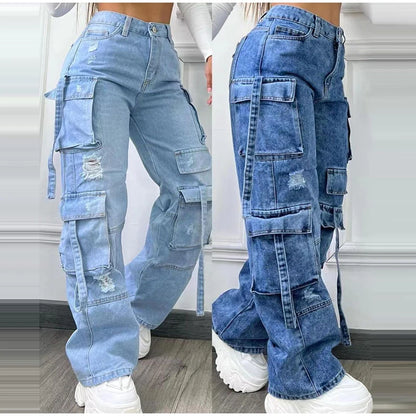 High Waist Cargo Denim Jeans With Full Rhinestones Sparkling Casual Baggy Pants Streetwear Chic Daily Trousers