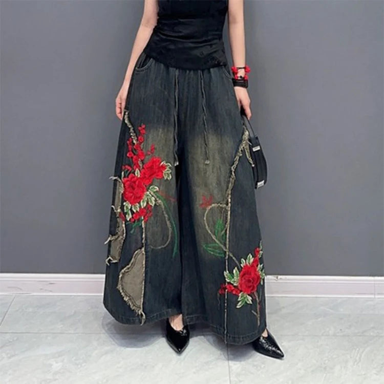 Women's Straight Jeans High-waist Ethnic Style Embroidered Drawstring Oversized Denim Wide-leg Pants