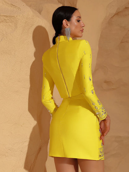 Long Sleeve Short Top and Mini Skirt Suit Outfit, Diamond Beaded Design,High Quality, 2 Pcs Set