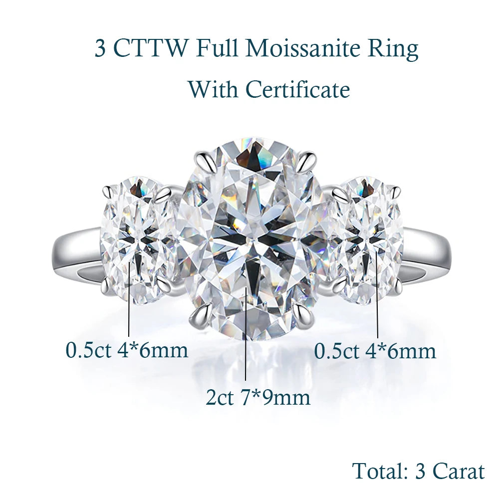 3/6 Carat Oval Cut Moissanite Engagement Rings 3-Stone Lab Diamond 925 Sterling Silver Wedding Rings Band for Women Fine Jewelry