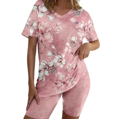 Women's Fashion Floral Print Two Piece Set Outfit Ladies Casual Short Sleeve Crew Neck T-Shirt & Shorts Outfit
