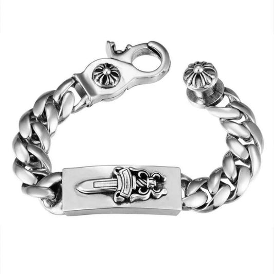 Silver Cuban Link Bracelet with Sword & Fleur-de-lis Accent: Bold Ornate Statement Jewelry