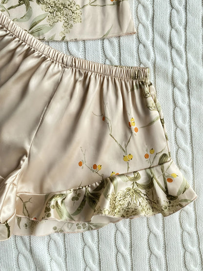 Elegant Floral Print Cami Tops   Ruffle Hem Shorts Pajama Set  Women's Sleepwear