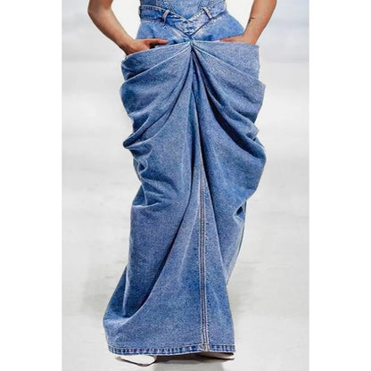 Women's Dress Blue Bow Overalls Four Seasons Folding Denim Long Skirt