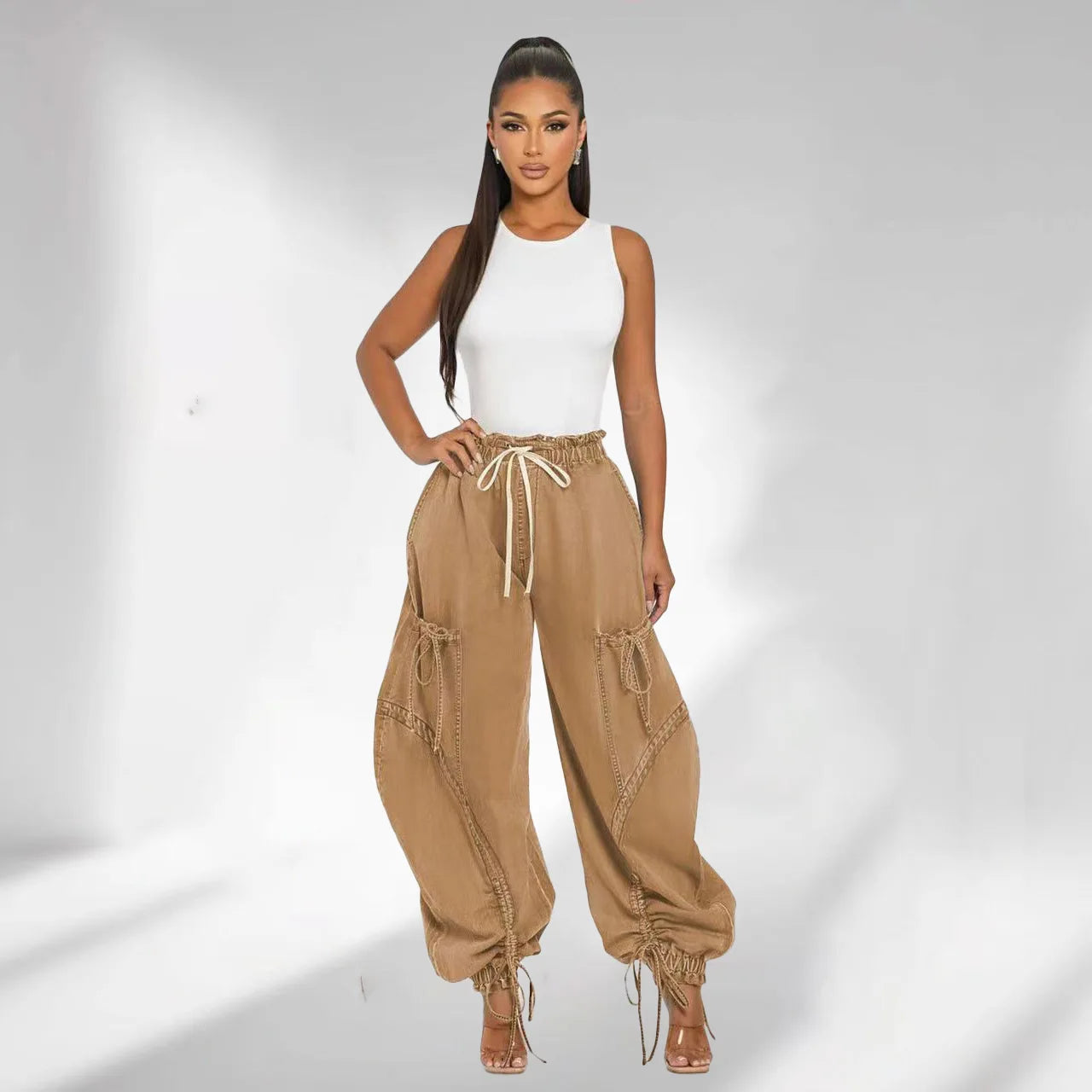 Lace Up Wide Leg Jeans Cargo Pants Women High Waist Elegant Streetwear Denim Loose Trousers