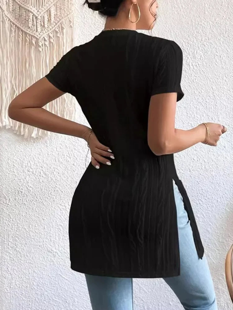 Simple Solid Color Pleated Top Short Sleeves Split-Side Urban Casual Daily T-Shirt