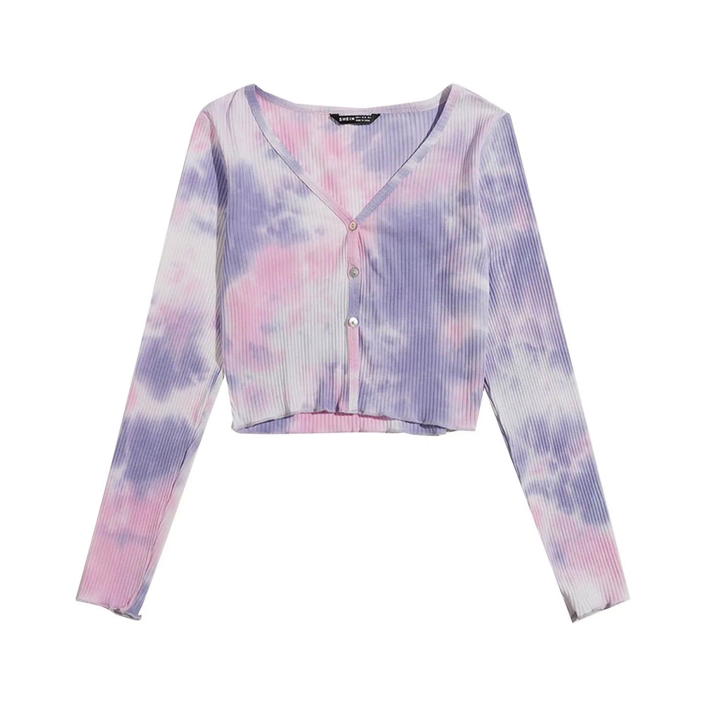 Tie Dye Ruched Crop Top V-neck Long Sleeve Ruffles Hem T-Shirt