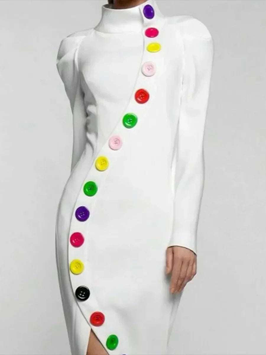 UOOZEE 2025 New Autumn X-shape High-Neck Party Dress Colorful Buttoned Long Sleeves Slim Urban Elegant Evening Midi Dresses WHITE / M WHITE / L WHITE / XL WHITE / M-WHITE / L-WHITE / XL-WHITE / XXL-WHITE / S-