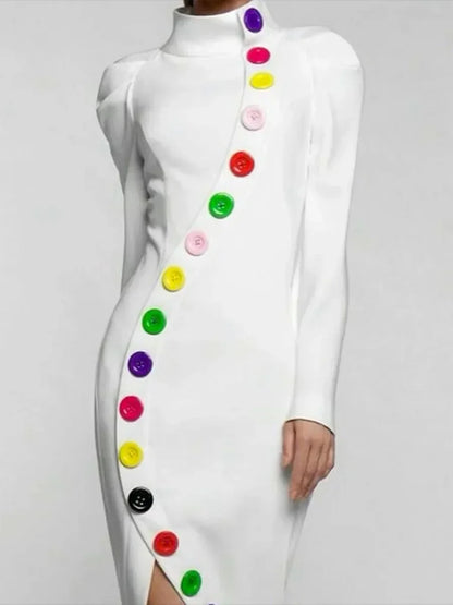 UOOZEE 2025 New Autumn X-shape High-Neck Party Dress Colorful Buttoned Long Sleeves Slim Urban Elegant Evening Midi Dresses WHITE / M WHITE / L WHITE / XL WHITE / M-WHITE / L-WHITE / XL-WHITE / XXL-WHITE / S-