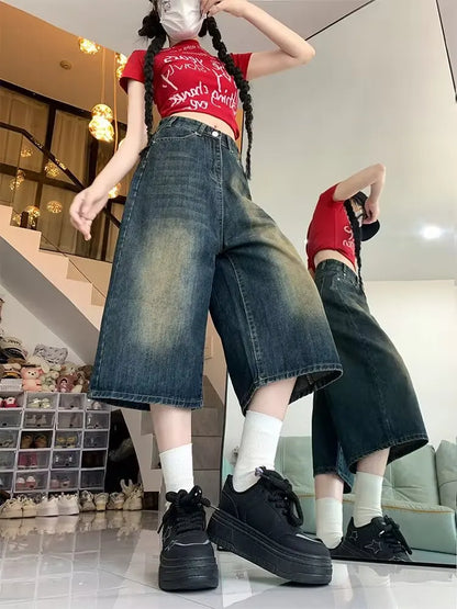 American Retro Old Seven-point Denim Shorts for Women Summer New High Waist Straight Wide-leg Casual Mid-leg Hot Pants Alo Skirt
