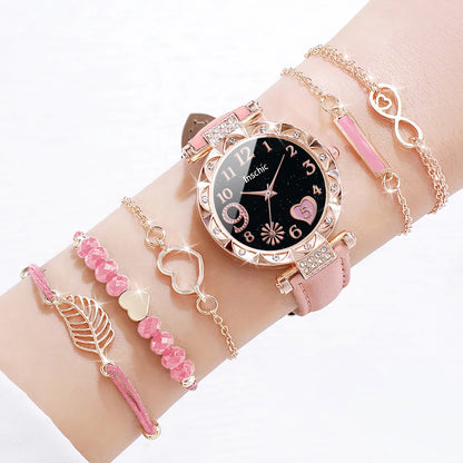 6PCS/Set Fashion Heart Dial Women's Watch Casual Leather Band Analog Quartz Watch Leaf Bracelets Set（Without Box）