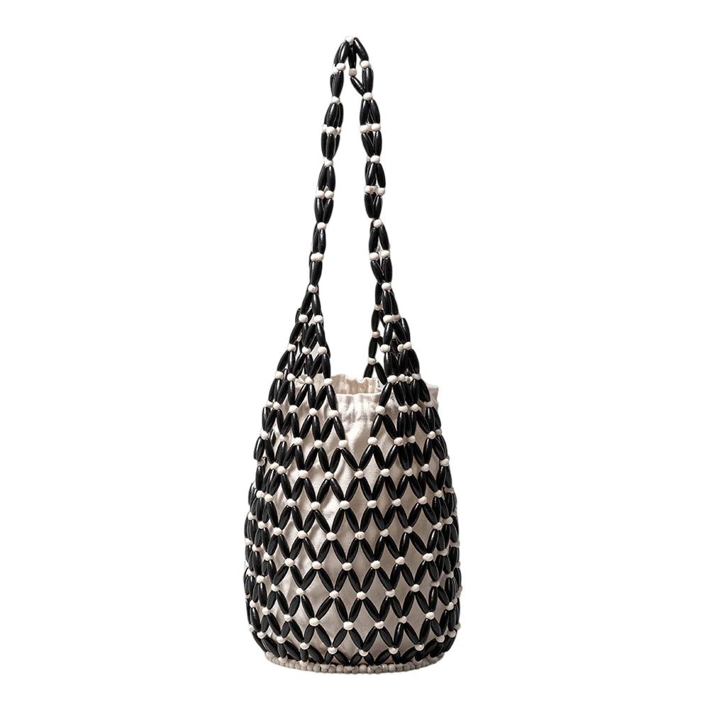Women Hollow-out Bucket Bags Woven Hand Bag Wooden Bead Shoulder Bags Beach Top-Handle Bags Summer Netted Canvas Tote Handbag